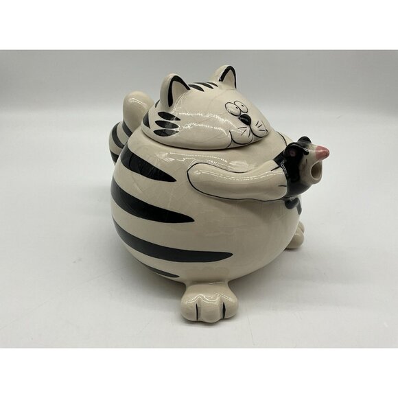 Pier 1 Imports Teapot Chubby Black & White Striped Cat Holding a Mouse as Spout - Picture 13 of 16